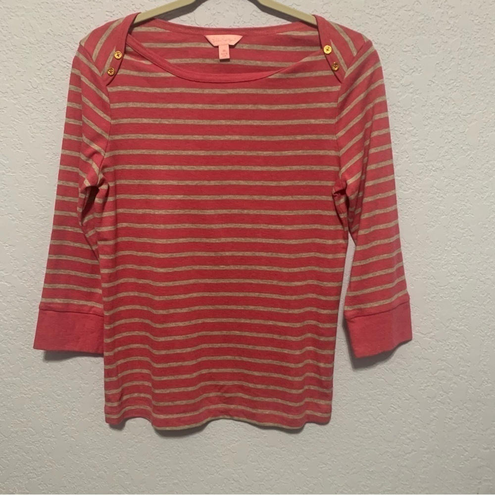 Lilly Pulitzer Pink Gray Stripes Button Detailing Tee